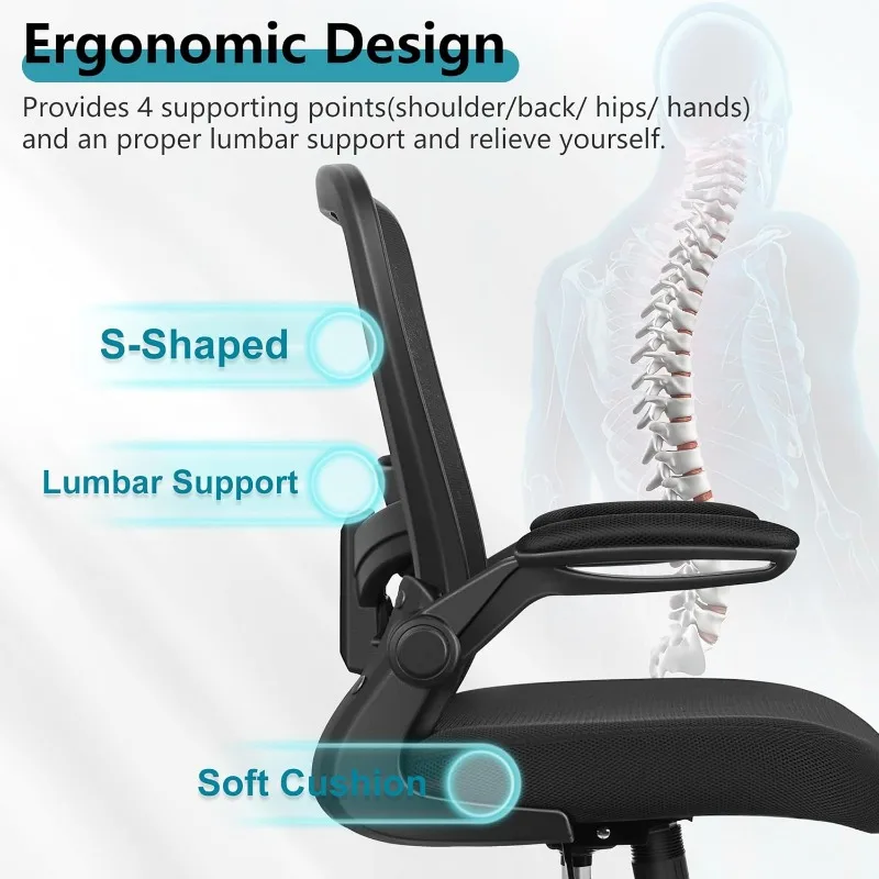 Cadeira de mesa ergonômica cadeira de malha respirável com apoio lombar ajustável de encosto alto apoios de braços dobráveis, para escritório doméstico