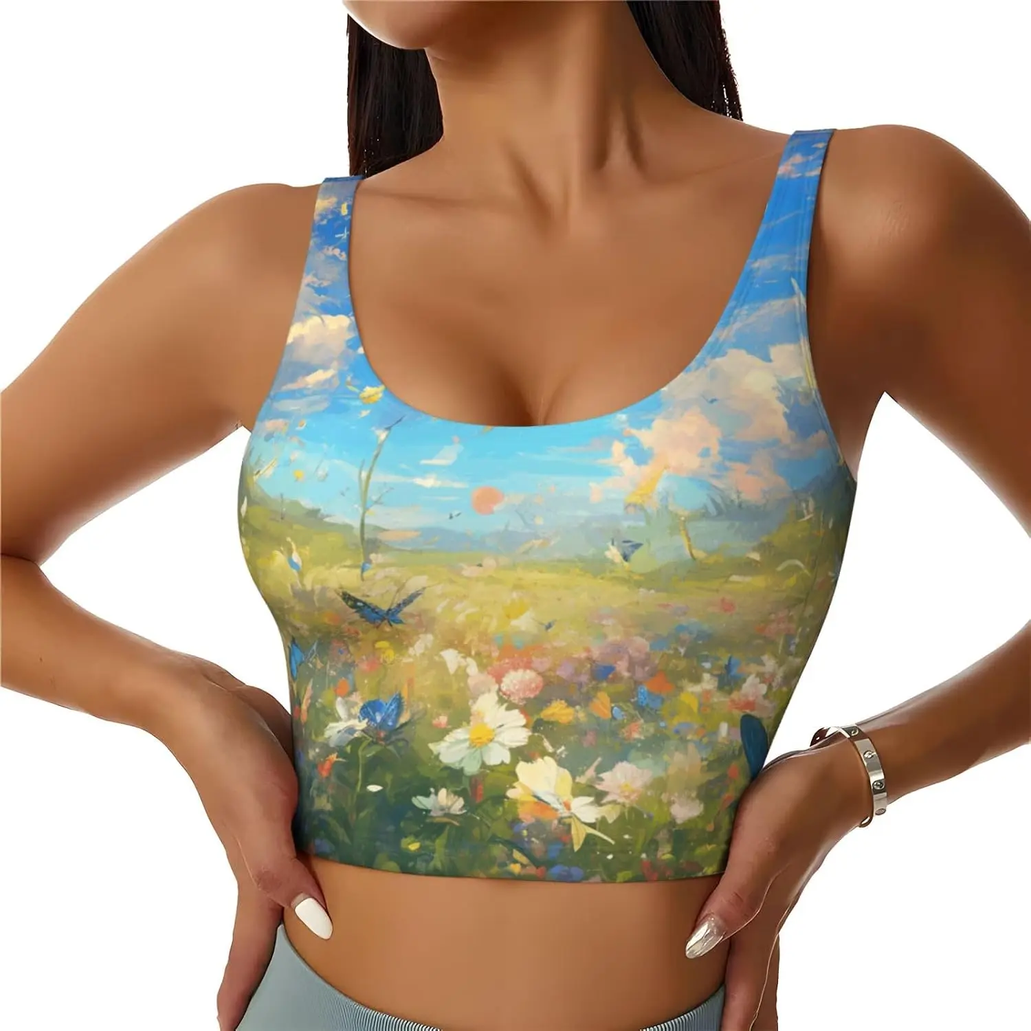 Birds Flowers Butterfly Print Sports Bras for Women Funny Yoga Crop Tank Tops for Exercise Running Cycling Gym