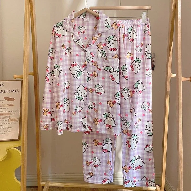 

Милые клетчатые пижамы с героями мультфильмов «Hello Kitty», женские весенне-осенние штаны с длинными рукавами, комплект домашней одежды, милая одежда для сна в стиле аниме Sanrios для девочек