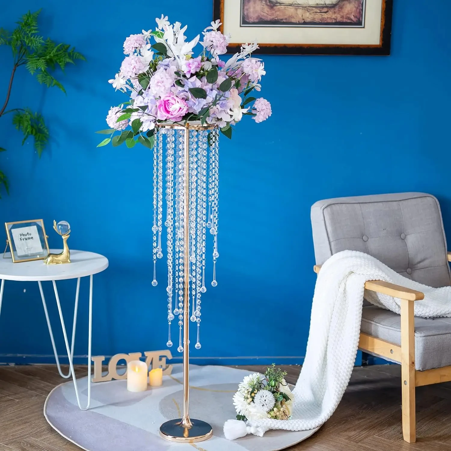 Hochzeitstisch-Mittelstück Blumenständer - 29,6 Zoll Goldvase mit Kristall-Kronleuchter, Mitteltisch für Außen- und Innendekoration – Detail 6