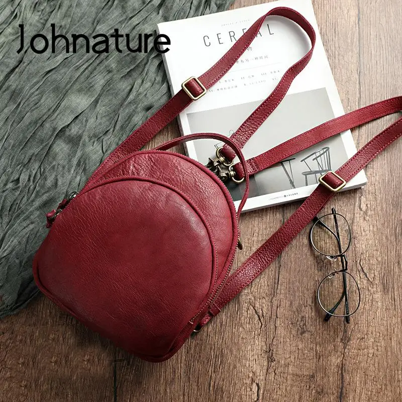 Johnature Handmade Vintage Genuine Leather Bagpack Women Backpack 2024 New Leisure Soft Cowhide Solid Color Travel Bag