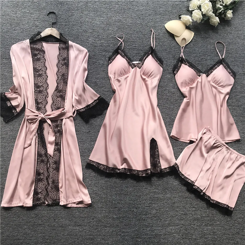 4 Pieces Women\'s Sexy Lace Pajamas Fashion V-Neck Gown Comfort Pajamas Pajamas Pajamas With Chest Pads Nightdress Casual