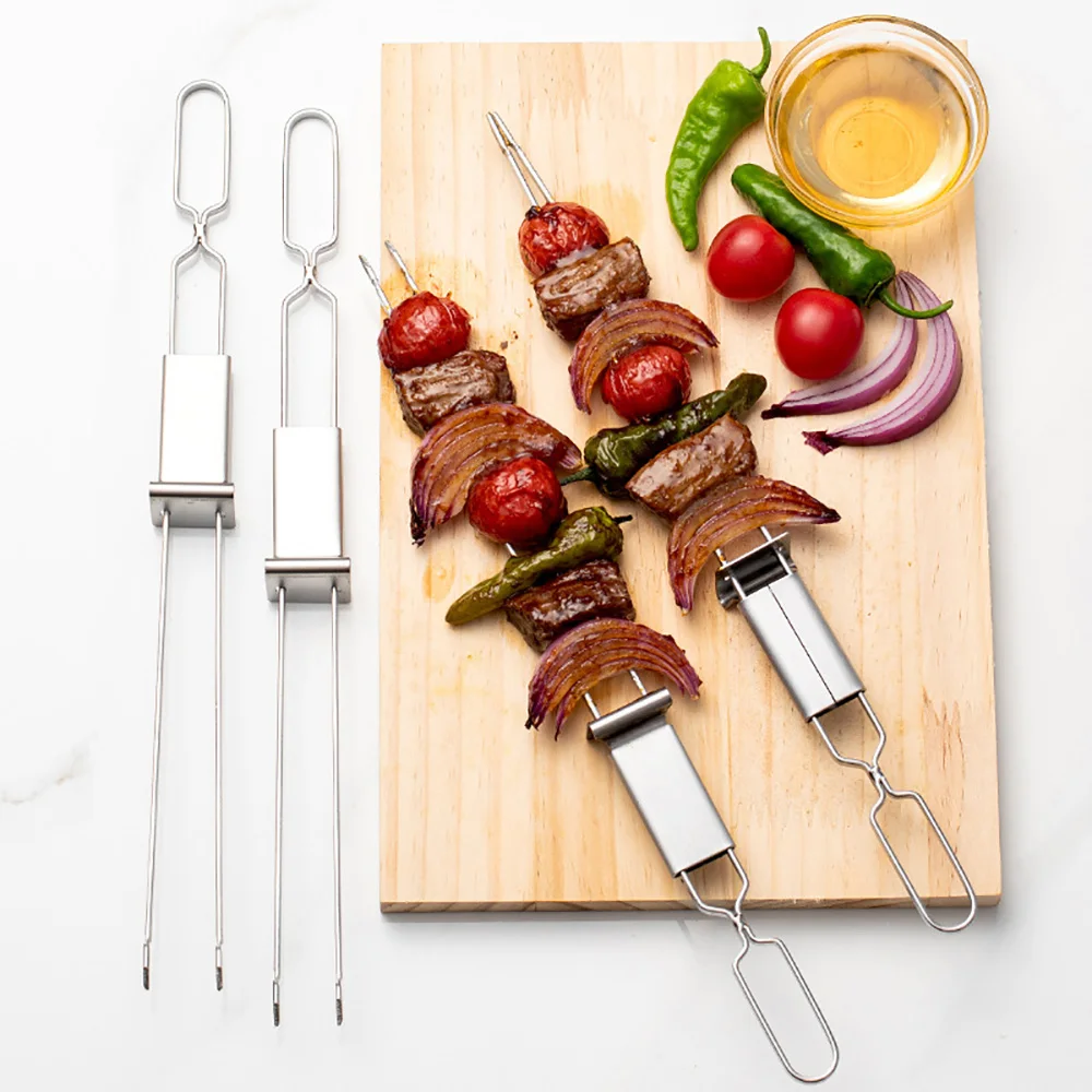 2/4/6Pcs Double Needle Stainless Steel Barbecue Skewer Reusable BBQ Skewers Double-Ended BBQ Fork Semi-automatic Barbecue Fork