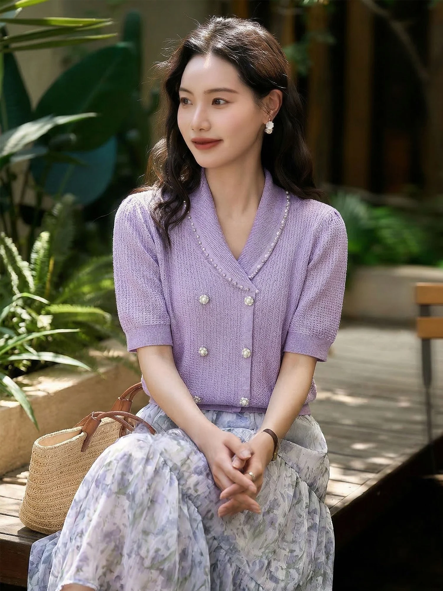 

Chivirin Fashion Korean Style Women's Knitted Short Sleeve V-Neck Open Cardigan Casual Comfortable Breathable Summer Top