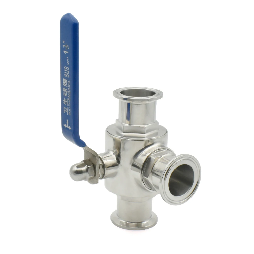19/25/32/38/45/51mm SS304/316L Stainless Steel Sanitary Grade T-shaped Three-way Ball Valve, T/L Port Ring Type OD50.5/64mm