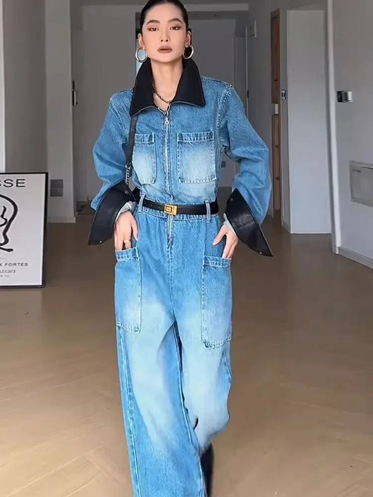 Jumpsuit Denim Pakaian Kerja Kerah Polo Retro Celana Kaki Lebar Pinggang Tinggi Diblokir Warna Musim Semi dan Musim Gugur Wanita