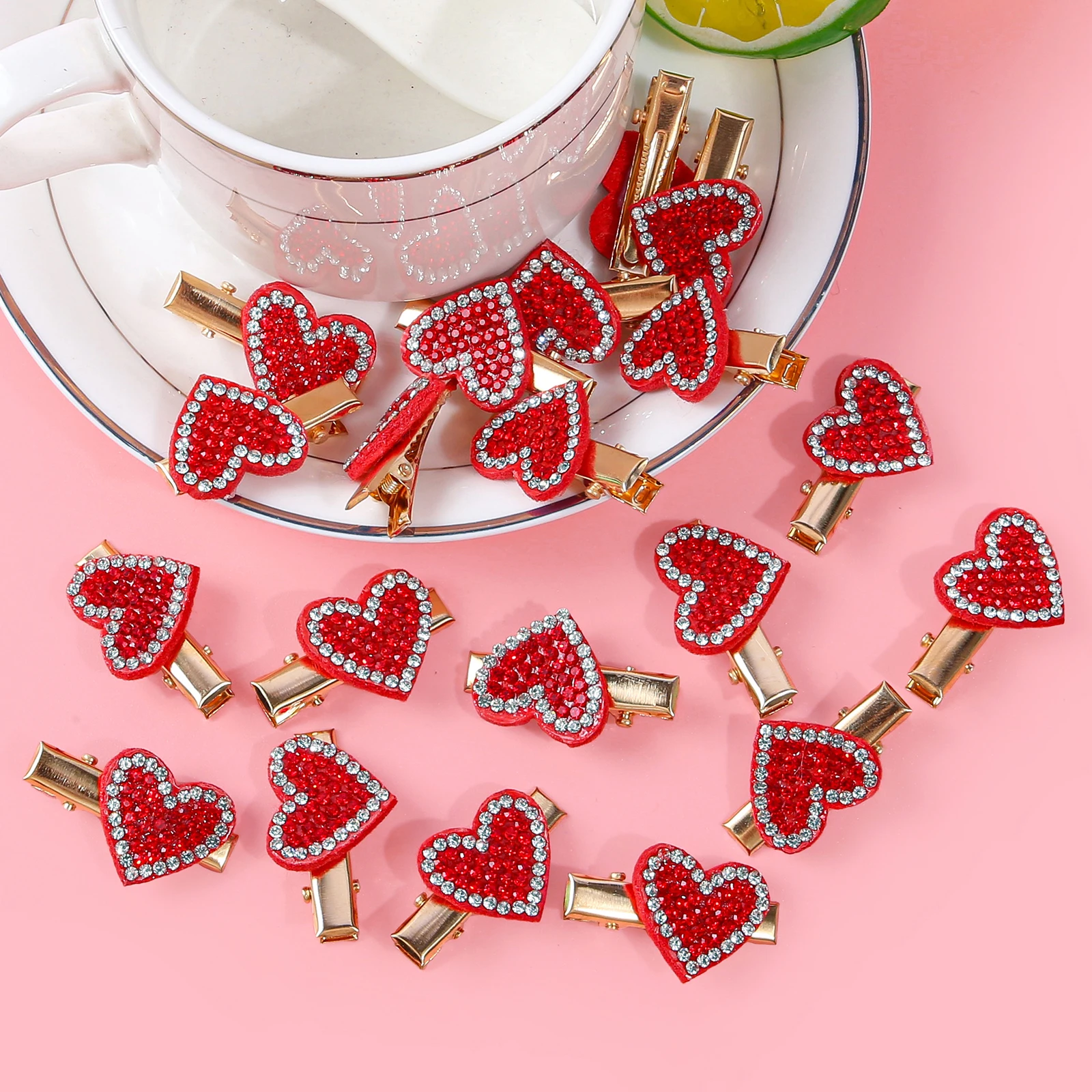 10/20pcs Valentine's Day Heart Hair Clips Girls Women Crystal Heart Barrettes Golden Clips Hairpins for Kids Hair Accessories