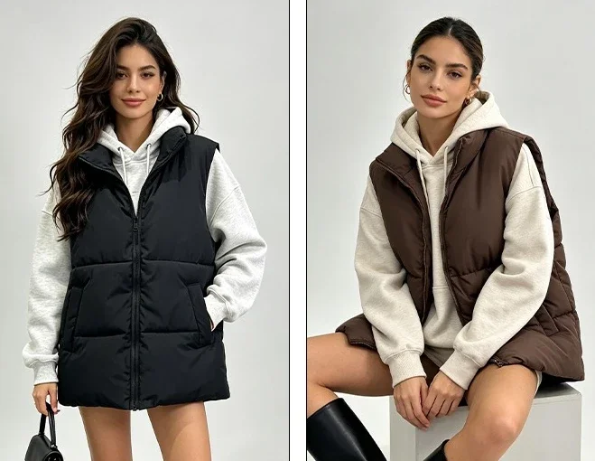 AOSSVIAO Stilvolle Damenwesten 2026 Winter Einfacher Stehkragen Dicke Warme Ärmellose Jacke Baumwollgefütterter Puffer-Mantel – Detail 2