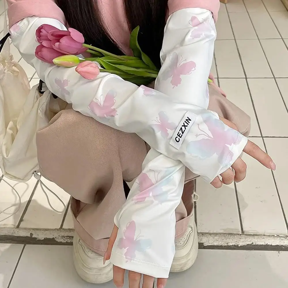 Ice Silk Sleeve Summer Sunscreen Women Butterfly Flower Print Arm Sleeves UV Protection Arm Cover Gloves for Outdoor Driving