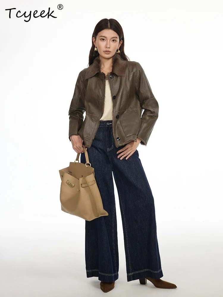 Tcyeek Real Wool Autumn Winter High End Trendy Lapel Wear Solid Color Short on Both Sides Women's Wool Shearling Fur Coat