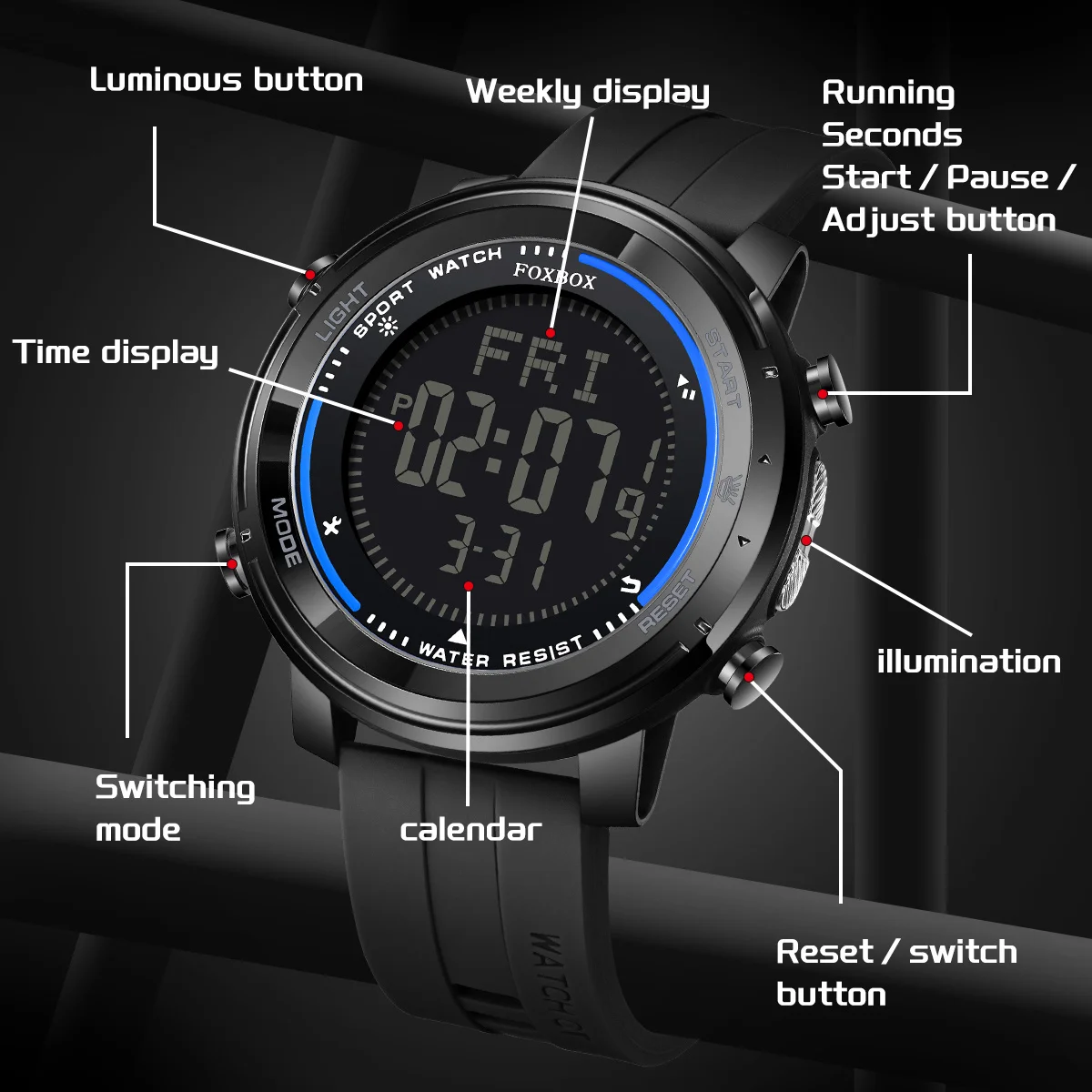 Moda silicone relógios digitais led calendário luminoso esportes relógio masculino lanterna à prova dwaterproof água cronógrafo relógios eletrônicos