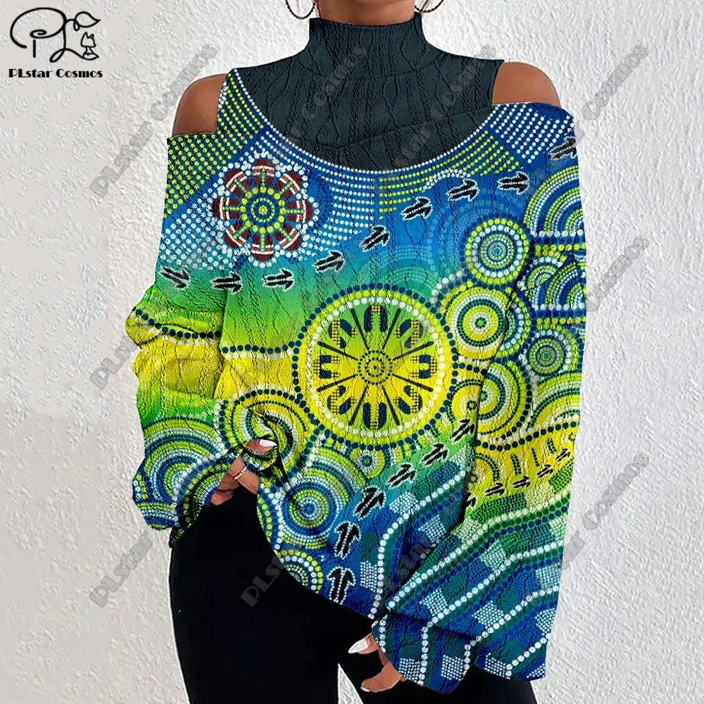 3D Printing Retro Aboriginal Series Tribal Turtle Art Pattern Women's Lantern Sleeve Off Shoulder Textured Casual Long Sleeve F1