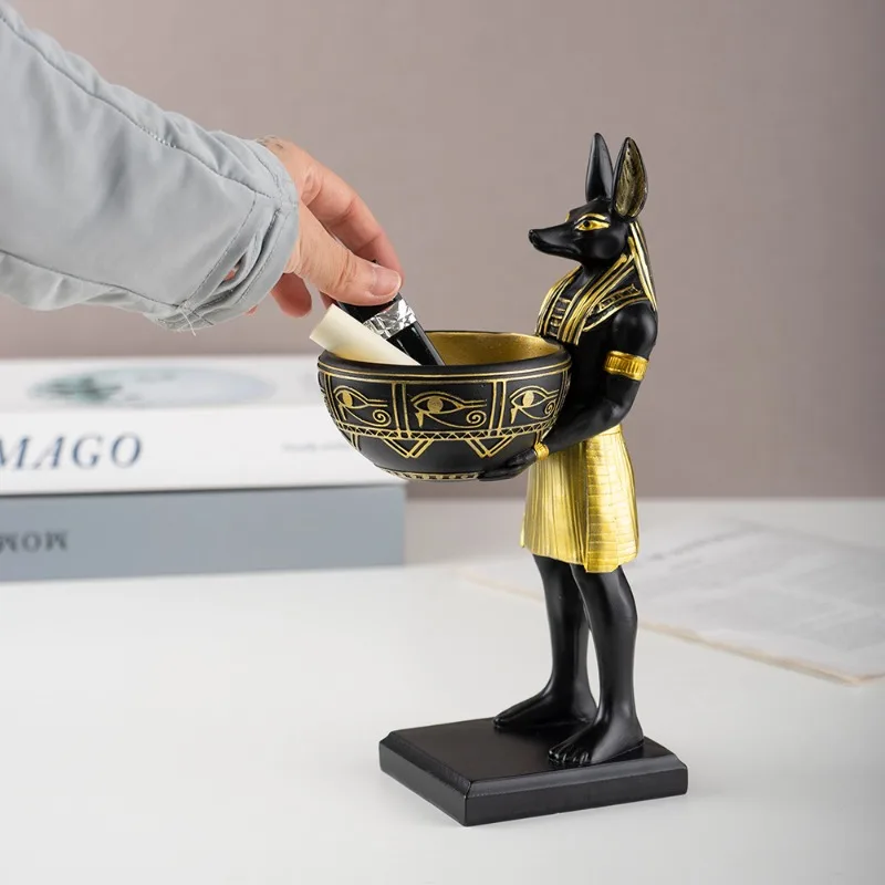 1Pcs Anubis Statue with Bowl Egyptian Sculpture Desktop Entrance Decoration Key Candy Box Resin