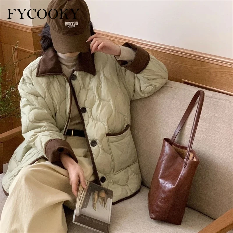 2025 Winter Short Parkas Cotton Jacket for Women Color Contrast Collar Coat Woman Outwear parka mujer
