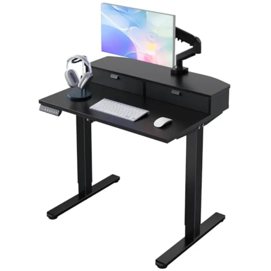 Home office electric standing desk with 2 drawers, steel frame, matte black, height adjustable with 4 presets 2 hooks, C-clamp