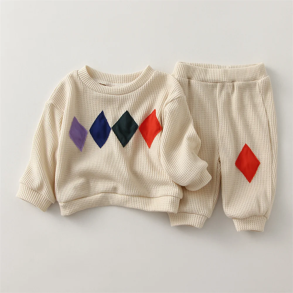 Fashion Baby Boy Clothes Sets Cotton Waffle Long Sleeve Top + Pants 2Pcs Spring Autumn Infant Outfits