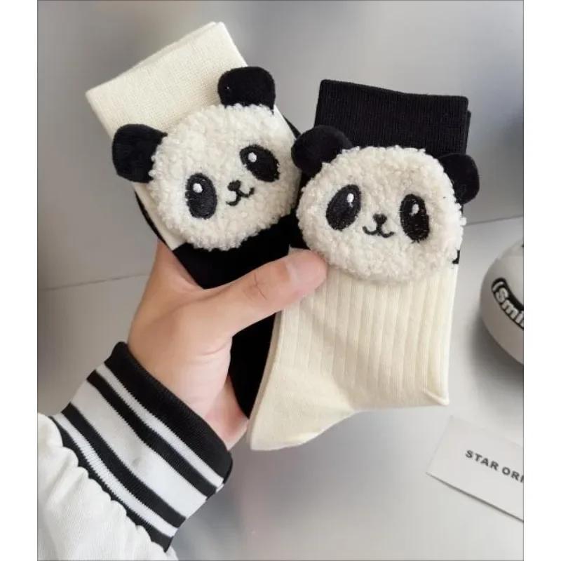 Warm Cute Cartoon Panda 3D Eared Socks for Girls Black White Fluffy Harajuku Style Animal Floor Slippers Ladies Funny Sokken