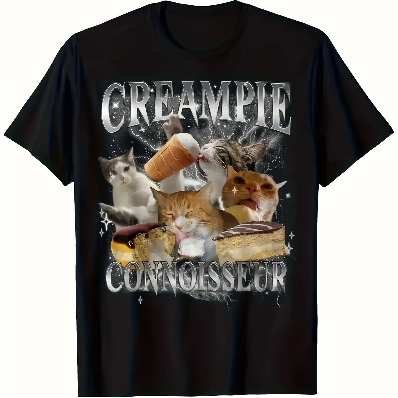 Funny Cat Meme T-Shirt Black with Creampie Conspiracy Graphic Regular Fit Short Sleeve Tee Machine Washable Shirt for Men