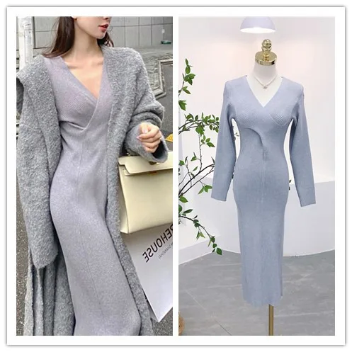 Sukienka długa, luźna, z dekoltem w serek, marszczeniem w talii, w stylu francuskim, idealna na wiosnę, model 6569.