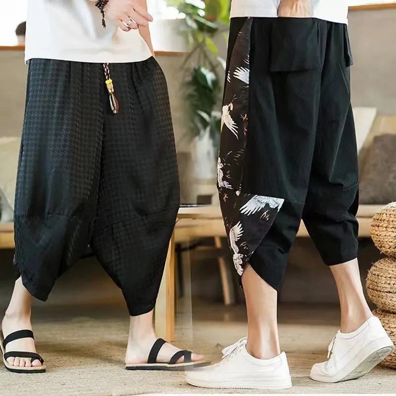 

Vintage Ethic Style Pants Loose Harem Pant Men Fashion Streetwear Chinese Style Satin Trousers Male Plus Size Knickerbockers