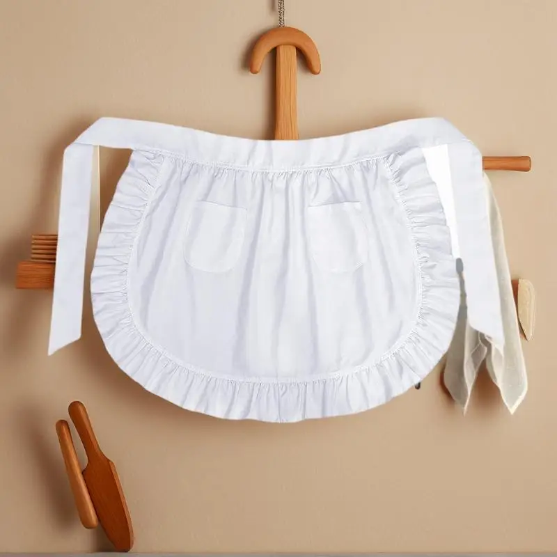 女性用ハーフ丈キッチンエプロン、ショートロリータメイド風セクシーレース、黒白ビブ、ビューティーフラワー、コーヒーショップ、ピナフォア、ホームワーク用