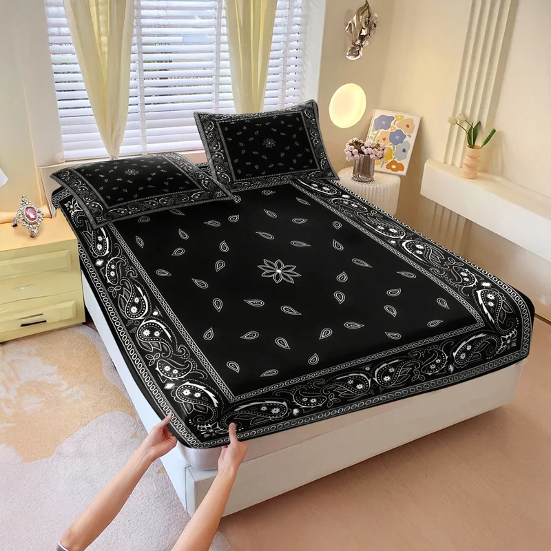 Black Bandana Paisley Fitted Sheet Set 1 Fitted Sheet 2 Pillowcases Soft Microfiber Bedding Set for Bedroom All Season