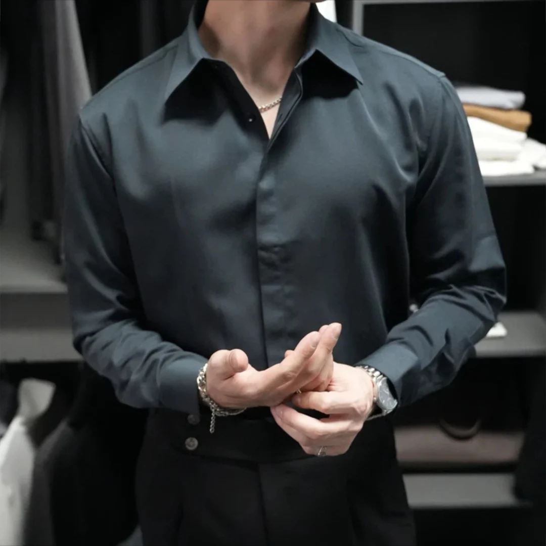 

Мужская повседневная рубашка с защитой от морщин, однотонная, с длинным рукавом, для банкетов и деловых встреч, городской стиль, молодежная, весенняя коллекция