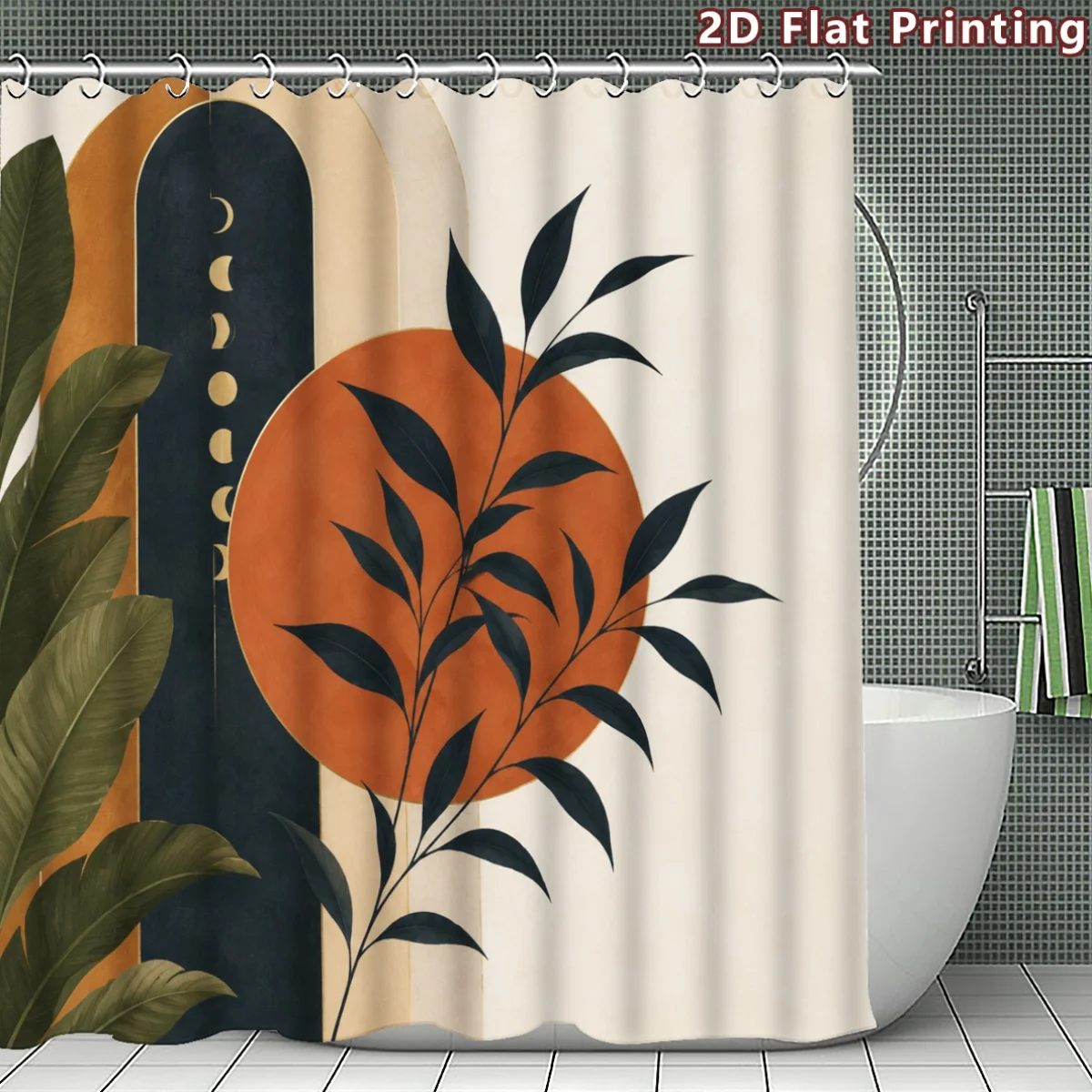 Mid Century Terracotta Leaf Shower Curtain, Boho Arch Moon Botanical Abstract Print, Machine Washable Bathroom Shower Curtain