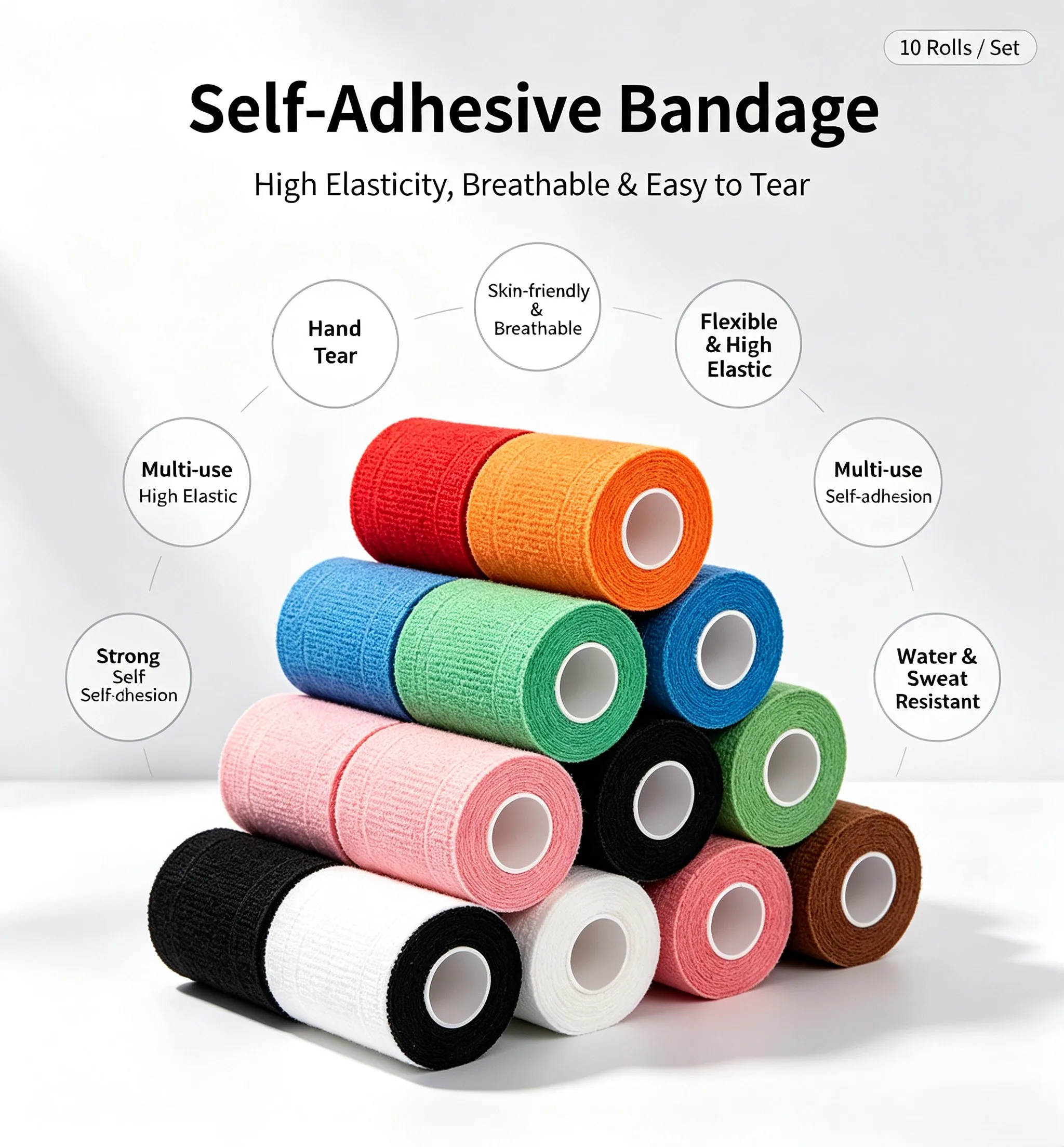 Self Adhesive Elastic Bandage Non-woven Sports Tape for Wrist Ankle Knee Support, Pet & Human Use, 10 Rolls/Set