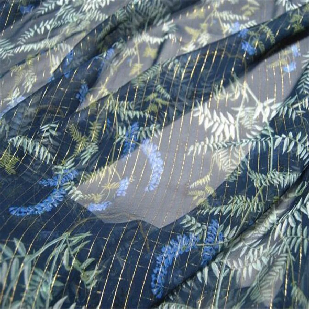 Sheer Popular Printed Natural Pure Printed Leaf Plant Silk Metalllic Line Fabric for Lady Spring Scarf Dress