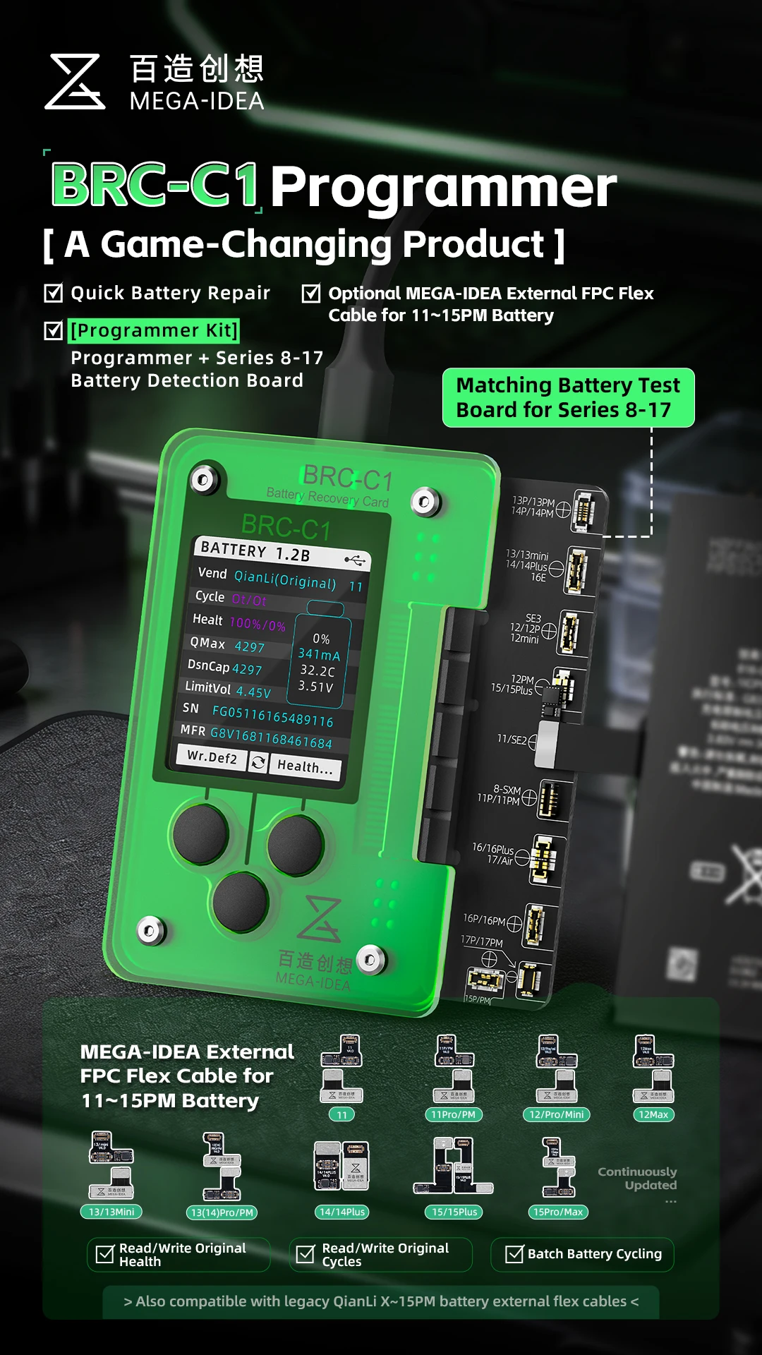 BAIZAO BRC-C1 IP8–17 Series Battery Programmer — Supports Repair of Batteries, True Tone, Rear Cameras, and Face ID