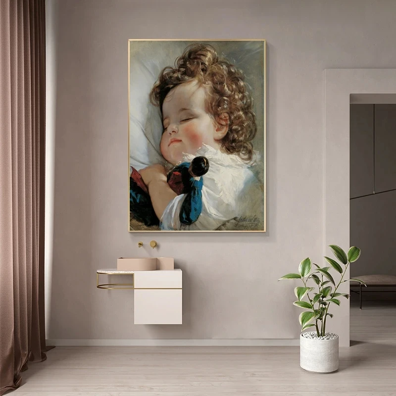 Cute Curly Hair Baby Sleeping Canvas Painting Prints Poster Wall Art Picture for Children's Room Kindergarten Home Decoration