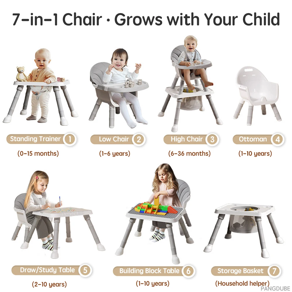 PANGDUBE 7-in-1 Baby Highchair for Dinner Multifunctional Chair for Baby Building Blocks Table & Low Chair Baby Learn To Stand