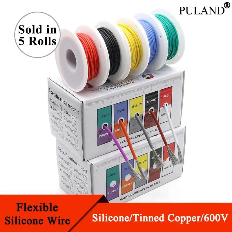 

（5 Colors Mix Kit）Heat Resistant Flexible Silicone Wire 30/28/26/24/22/20/18/16AWG Stranded Cable Electrical Tinned Copper Wire