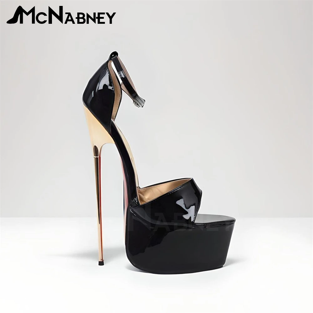 Extreme Gold Metallic Stiletto Sandals Platform Buckle Sexy High Heels Black Patent Leather Open Toe Summer High Heeled Sandals