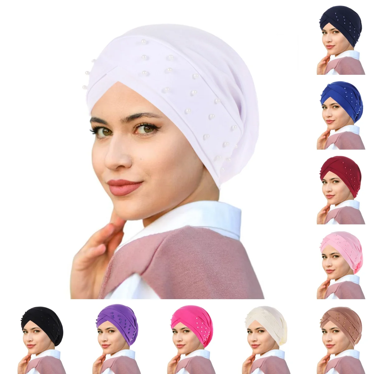 

Женский эластичный тюрбан, мусульманский исламский трикотаж, шапка с бусинами, женская эластичная повязка на голову, шарф, арабский чехол, модная шапка