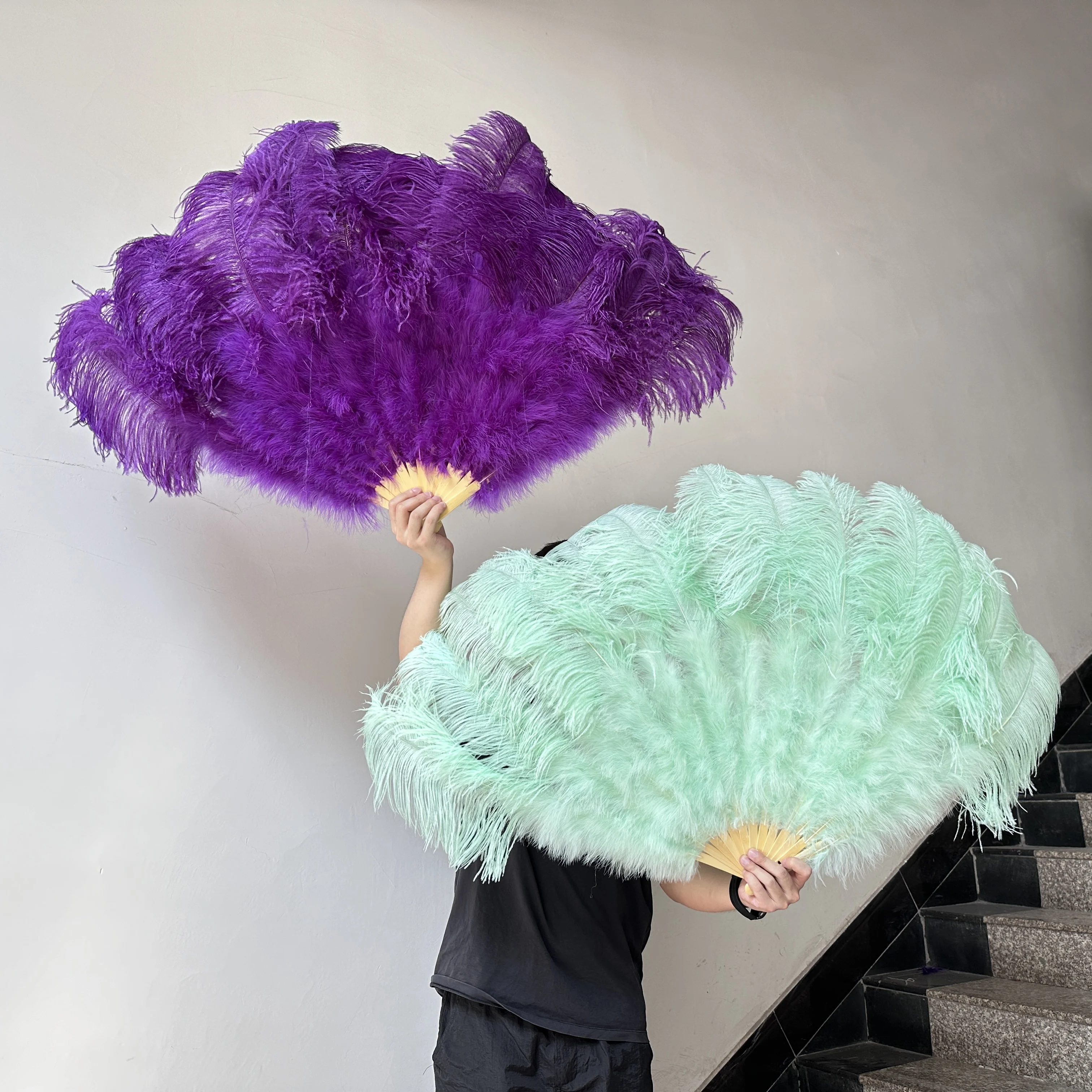 13 Bone Purple Ostrich Feathers Fan Customized Colourful Feathers Fan Party Wedding Celebration Belly Dance Show DIY Decorative