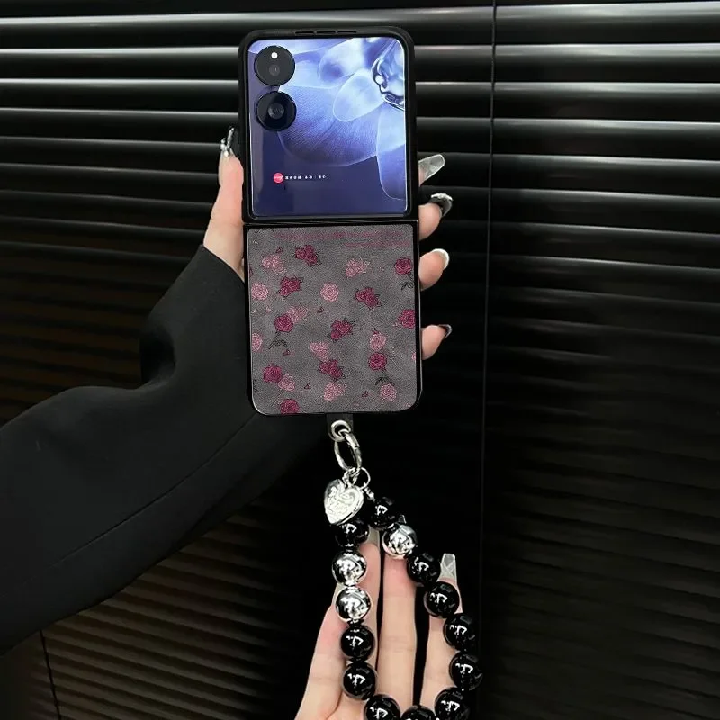 Mix Flip Case Vintage Pink Rose Floral Phone Case For Xiaomi Mix Flip Soft Silicone Anti-Drop Cover With Hand Chain Lanyard