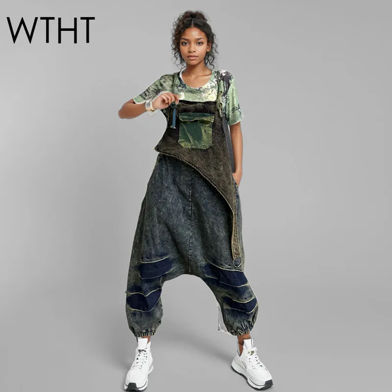 

WTHT, новые модные женские лоскутные комбинезоны на бретельках, весна 2021, модные винтажные свободные комбинезоны с карманами, женские 1LS863