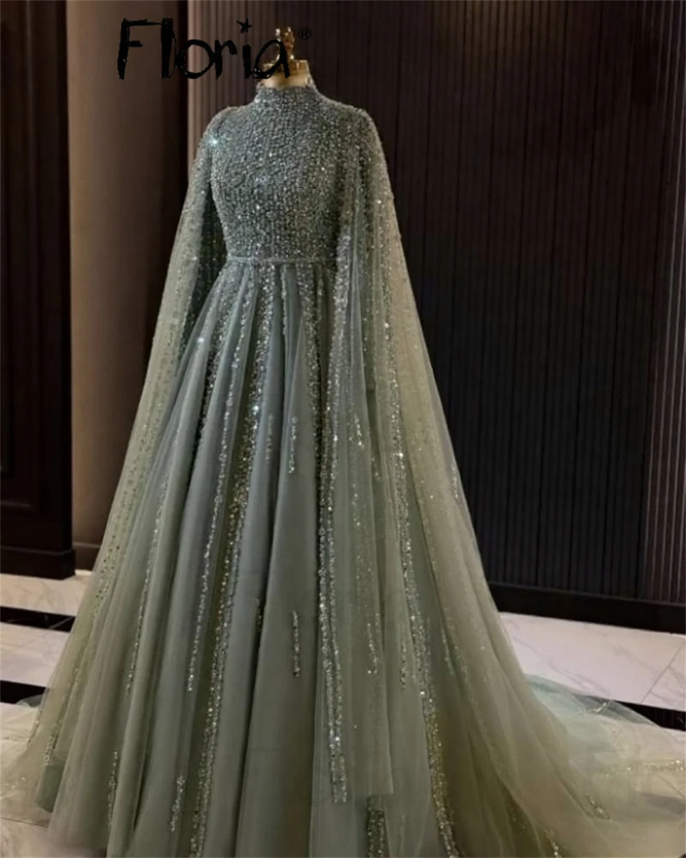 

Sage Green A Line Muslim Prom Dresses With Long Cape Sleeve Middle East Heavy Handmade Wedding Guest Gown Customized Engagement