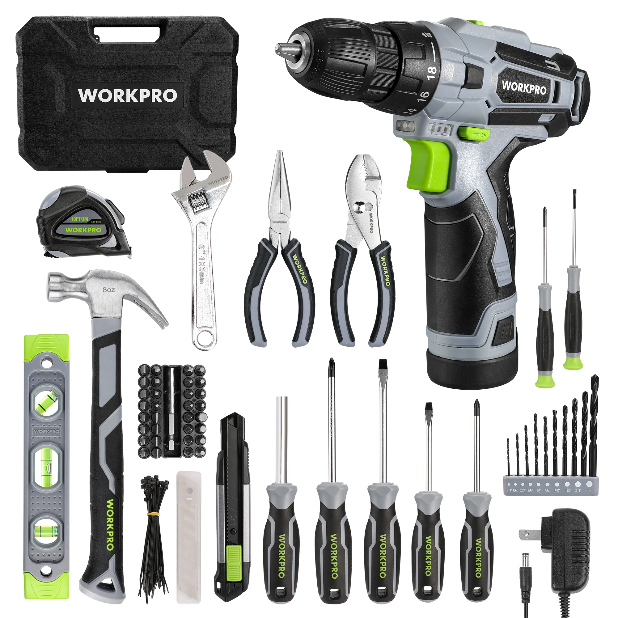 WORKPRO 108PCS Home Tool Kit with 12V  3/8“ Keyless Chuck Electric Drill Driver