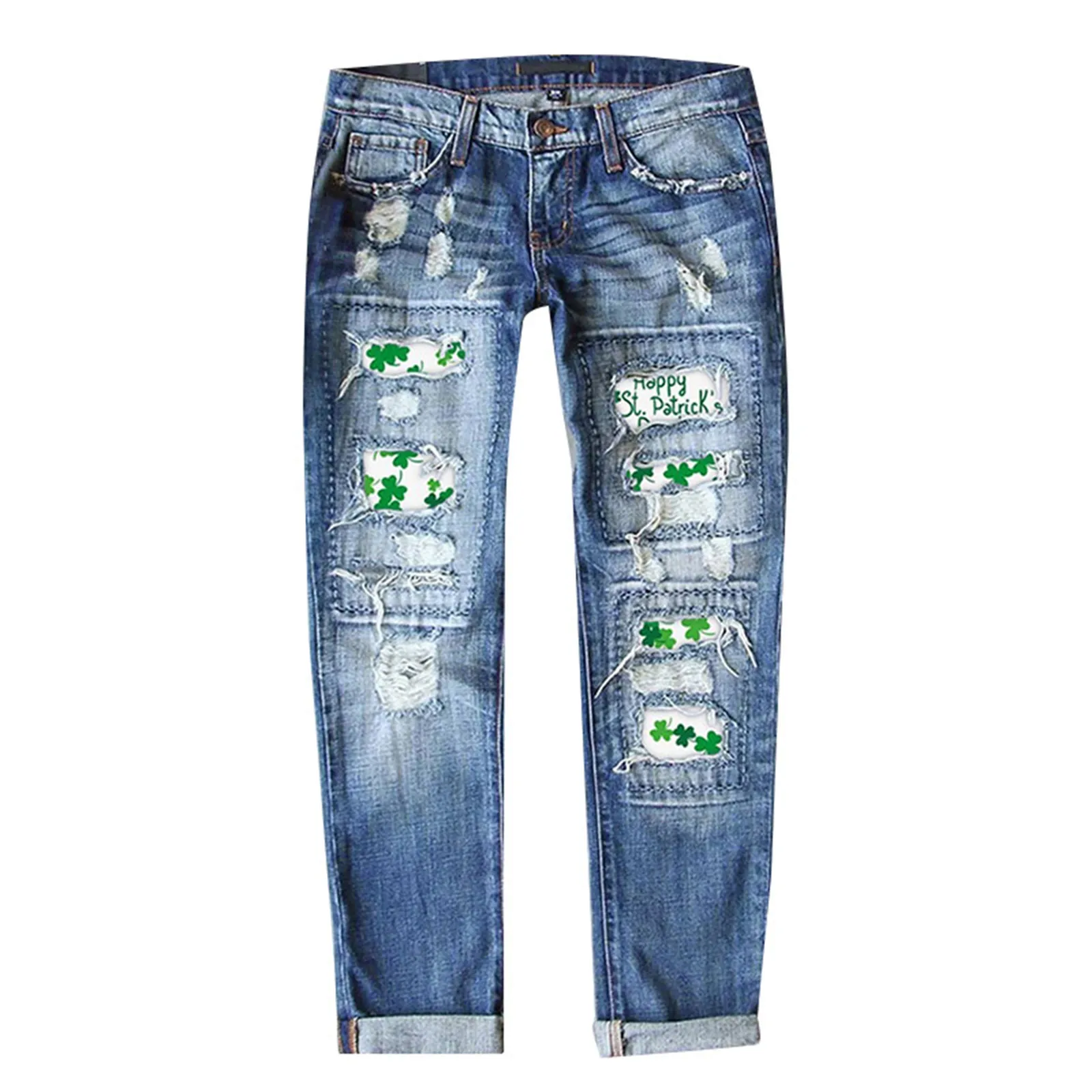 Women New Street Shamrock Clover Ripped Skinny Jeans Vintage Denim Trouser Womens Pencil Denim Pants St Patricks Day Clothing