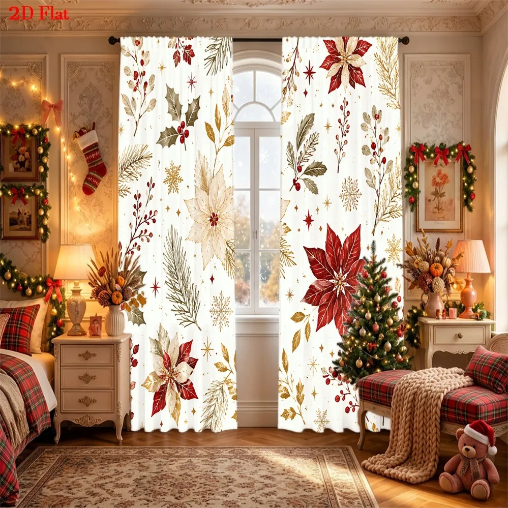 2PCS Christmas Curtains, Red Gold Poinsettia Holly Berry Pine Branch, Digital Print, Bedroom Living Room, Rod Pocket, Home Decor