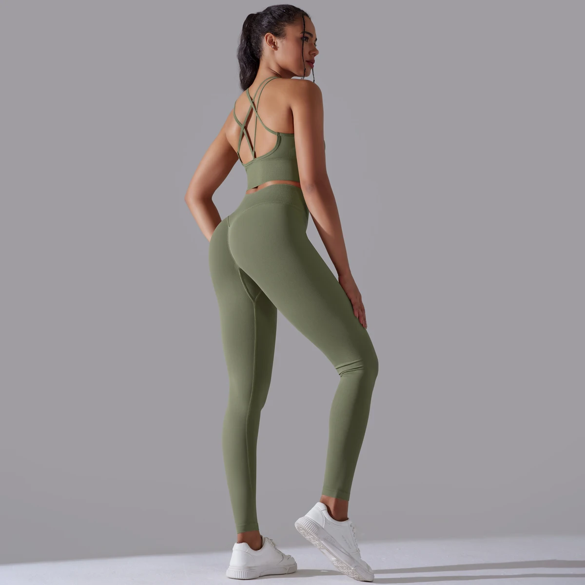 Gebürstetes Yoga-Set für Damen, 2-teilig, Workout, Sportbekleidung, überkreuzter Rücken, Sport-BH, hohe Taille, Leggings, Fitnessstudio, Kleidung, Sportanzüge – Detail 29