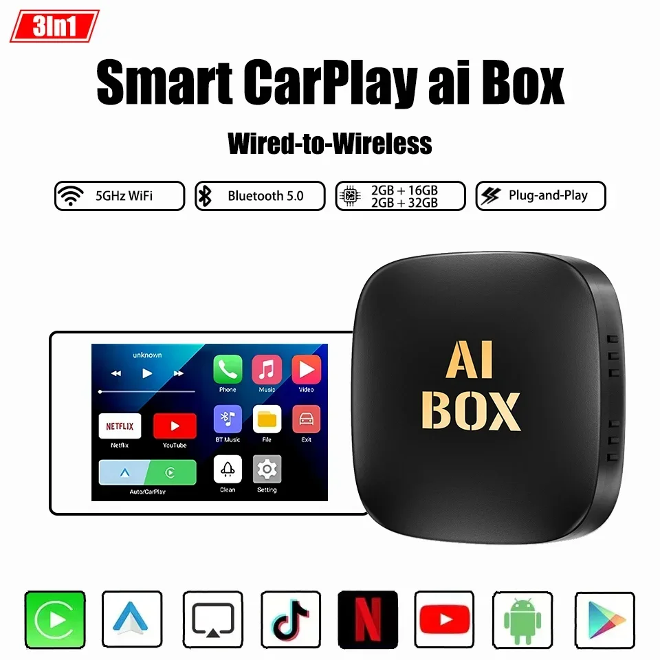 New CarPlay Ai Box Android Auto & Carply Wireless Smart Adapter Andriod 13.0 Car Multimedia Box Built-in Netflix YouTube Google