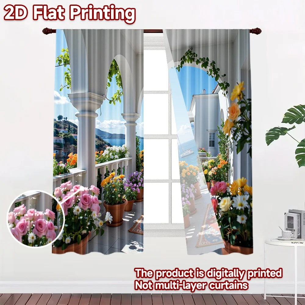 2D flat 2pcs Curtain French Romantic Style Seaside Floral Archway Digitally printed polyester, colorfast Festive Holiday for