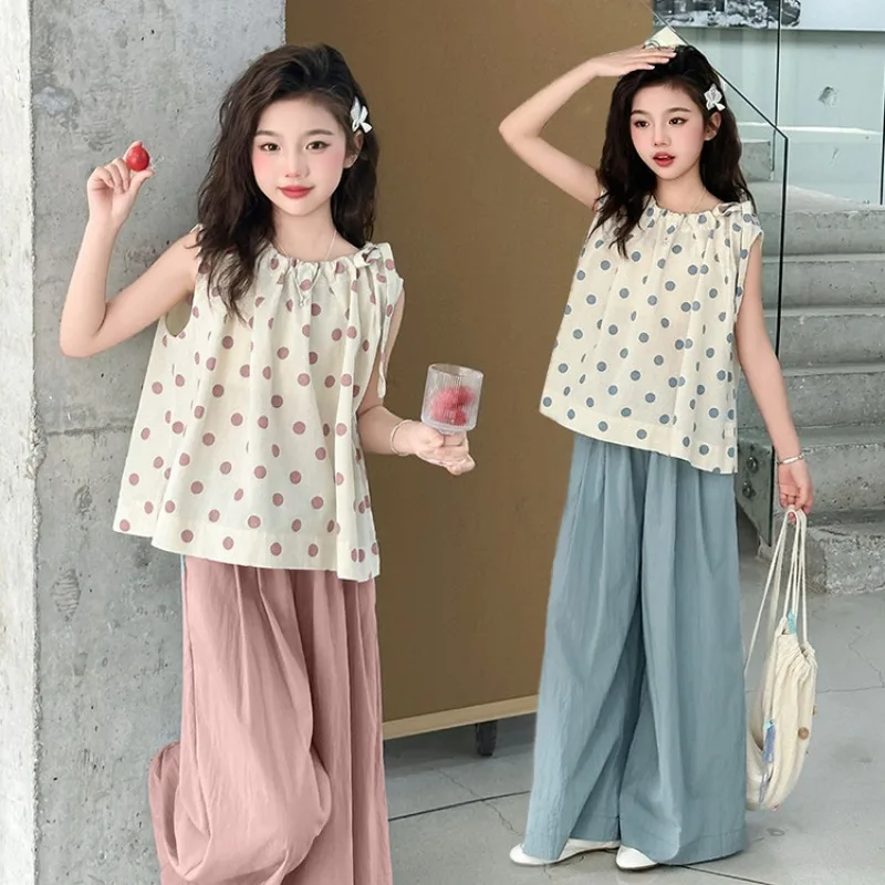 

Girls Summer Clothing Set Children Polka Dot Tie-Front Sleeveless Top + Tencel Wide-Leg Pants Two-Piece Set 2025 New