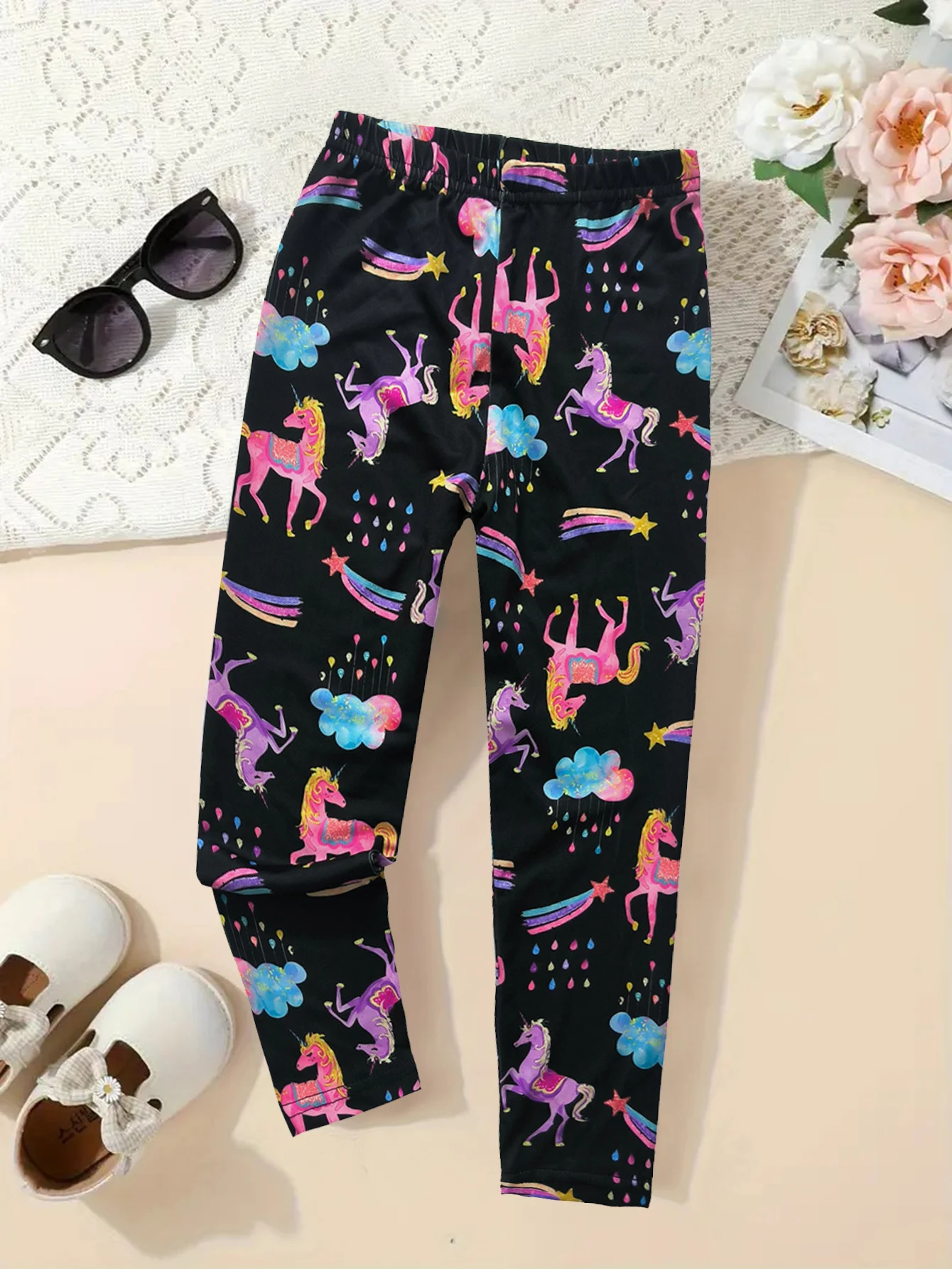 Girls Unicorn Rainbow Cloud Print Leggings High Elastic Soft Casual Long Pants for 1-8Y Kids Daily Wear