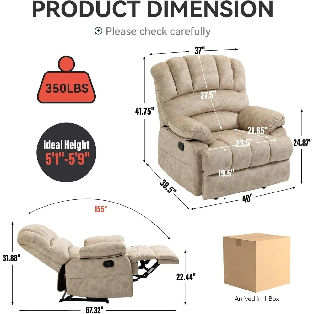 Living Room Chairs with Overstuffed Armrest and Backrest, Large Manual Soft Fabric Push Back Recliner, Living Room Sofa Chairs