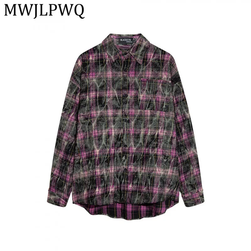 

MWJLPWQ Summer Trendy Plaid Printed Design Male Shirt American Style Street Loose Long-Sleeve Unisex Lapel Casual Tops 13868